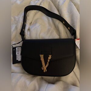 Versace Black Leather Shoulder Bag with Gold V Emblem - NWT